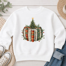Load image into Gallery viewer, Book Stack Tree Christmas design on White crewneck sweatshirt