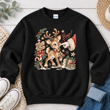 Load image into Gallery viewer, Boop North Pole Reindeer Christmas design on Black crewneck sweatshirt
