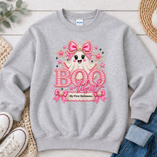 Load image into Gallery viewer, Bootiful My First Halloween Pink Halloween design on Ash Grey crewneck sweatshirt