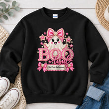 Load image into Gallery viewer, Bootiful My First Halloween Pink Halloween design on Black crewneck sweatshirt