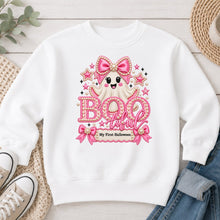 Load image into Gallery viewer, Bootiful My First Halloween Pink Halloween design on White crewneck sweatshirt