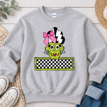 Load image into Gallery viewer, Bride Of Frankenstein Checkered Name Banner Halloween design on Ash Grey crewneck sweatshirt