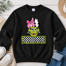 Load image into Gallery viewer, Bride Of Frankenstein Checkered Name Banner Halloween design on Black crewneck sweatshirt