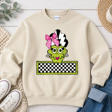Load image into Gallery viewer, Bride Of Frankenstein Checkered Name Banner Halloween design on Sand crewneck sweatshirt