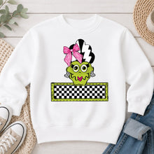 Load image into Gallery viewer, Bride Of Frankenstein Checkered Name Banner Halloween design on White crewneck sweatshirt