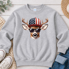 Load image into Gallery viewer, Buck American Flag Hat Hunting design on Ash Grey crewneck sweatshirt