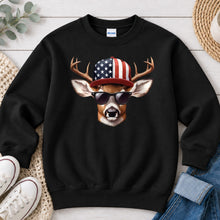 Load image into Gallery viewer, Buck American Flag Hat Hunting design on Black crewneck sweatshirt