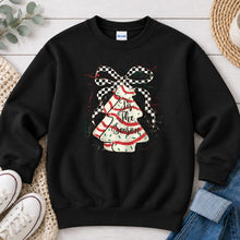 Load image into Gallery viewer, Checkered Christmas Tree Cake Bow Christmas design on Black crewneck sweatshirt