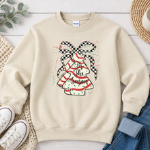 Load image into Gallery viewer, Checkered Christmas Tree Cake Bow Christmas design on Sand crewneck sweatshirt