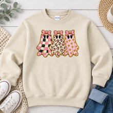 Load image into Gallery viewer, Checkered Leopard Pink Ghosts Halloween design on Sand crewneck sweatshirt