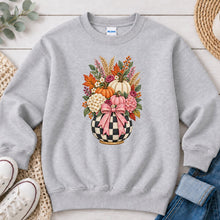 Load image into Gallery viewer, Checkered Pumpkin Bouquet Fall design on Ash Grey crewneck sweatshirt