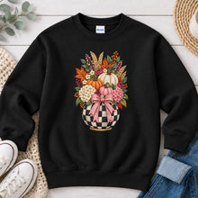 Load image into Gallery viewer, Checkered Pumpkin Bouquet Fall design on Black crewneck sweatshirt