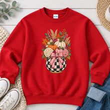 Load image into Gallery viewer, Checkered Pumpkin Bouquet Fall design on Red crewneck sweatshirt