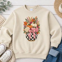 Load image into Gallery viewer, Checkered Pumpkin Bouquet Fall design on Sand crewneck sweatshirt