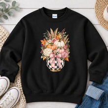 Load image into Gallery viewer, Checkered Pumpkin Floral Vase Fall design on Black crewneck sweatshirt