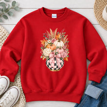 Load image into Gallery viewer, Checkered Pumpkin Floral Vase Fall design on Red crewneck sweatshirt