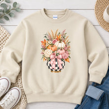 Load image into Gallery viewer, Checkered Pumpkin Floral Vase Fall design on Sand crewneck sweatshirt