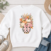 Load image into Gallery viewer, Checkered Pumpkin Floral Vase Fall design on White crewneck sweatshirt