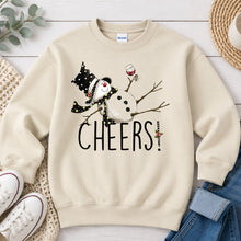 Load image into Gallery viewer, Cheers Snowman Christmas design on Sand crewneck sweatshirt