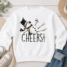 Load image into Gallery viewer, Cheers Snowman Christmas design on White crewneck sweatshirt