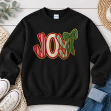 Load image into Gallery viewer, Chenille JOY Christmas design on Black crewneck sweatshirt