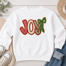 Load image into Gallery viewer, Chenille JOY Christmas design on White crewneck sweatshirt