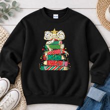 Load image into Gallery viewer, Christmas Books Stack Christmas design on Black crewneck sweatshirt