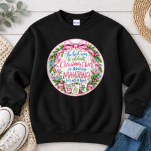 Load image into Gallery viewer, Christmas Cheer Wreath Circle Mahjong design on Black crewneck sweatshirt