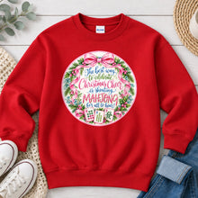 Load image into Gallery viewer, Christmas Cheer Wreath Circle Mahjong design on Red crewneck sweatshirt