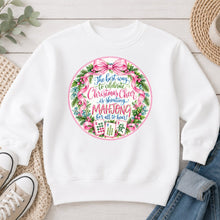 Load image into Gallery viewer, Christmas Cheer Wreath Circle Mahjong design on White crewneck sweatshirt