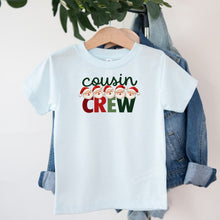 Load image into Gallery viewer, Christmas Cousin Crew Santa design on light blue kids t-shirt