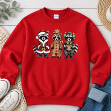 Load image into Gallery viewer, Christmas Raccoons Christmas design on Red crewneck sweatshirt