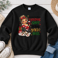 Load image into Gallery viewer, Christmas Spirit Jingle Bells Blonde Christmas design on Black crewneck sweatshirt