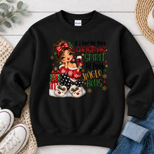 Load image into Gallery viewer, Christmas Spirit Jingle Bells Brunette Christmas design on Black crewneck sweatshirt