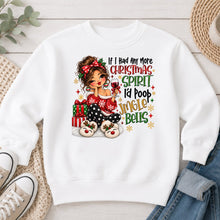 Load image into Gallery viewer, Christmas Spirit Jingle Bells Brunette Christmas design on White crewneck sweatshirt