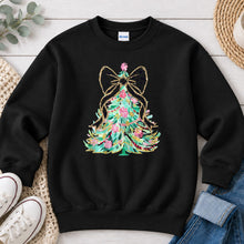 Load image into Gallery viewer, Christmas Tree Leopard Bow Christmas design on Black crewneck sweatshirt