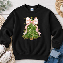 Load image into Gallery viewer, Christmas Tree Pink Bow Christmas design on Black crewneck sweatshirt
