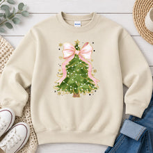 Load image into Gallery viewer, Christmas Tree Pink Bow Christmas design on Sand crewneck sweatshirt