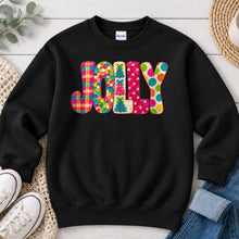 Load image into Gallery viewer, Colorful Impasto Jolly Christmas design on Black crewneck sweatshirt