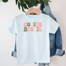 Load image into Gallery viewer, Cousin Cousin Bestie Pink design on light blue kids t-shirt