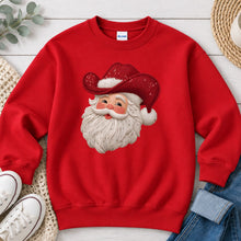 Load image into Gallery viewer, Cowboy Hat Santa Christmas design on Red crewneck sweatshirt