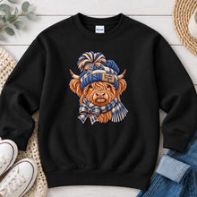 Load image into Gallery viewer, Cozy Embroidered Highland Cow Winter design on Black crewneck sweatshirt