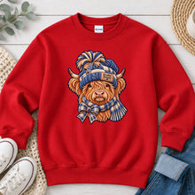 Load image into Gallery viewer, Cozy Embroidered Highland Cow Winter design on Red crewneck sweatshirt
