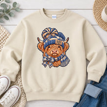 Load image into Gallery viewer, Cozy Embroidered Highland Cow Winter design on Sand crewneck sweatshirt