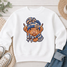 Load image into Gallery viewer, Cozy Embroidered Highland Cow Winter design on White crewneck sweatshirt