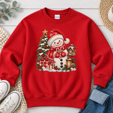 Load image into Gallery viewer, Cozy Snowman Red Scarf Lantern Winter design on Red crewneck sweatshirt