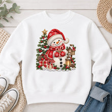 Load image into Gallery viewer, Cozy Snowman Red Scarf Lantern Winter design on White crewneck sweatshirt