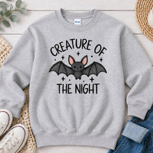 Load image into Gallery viewer, Creature Of The Night Bat Halloween design on Ash Grey crewneck sweatshirt