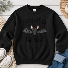 Load image into Gallery viewer, Creature Of The Night Bat Halloween design on Black crewneck sweatshirt