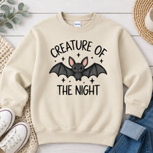 Load image into Gallery viewer, Creature Of The Night Bat Halloween design on Sand crewneck sweatshirt